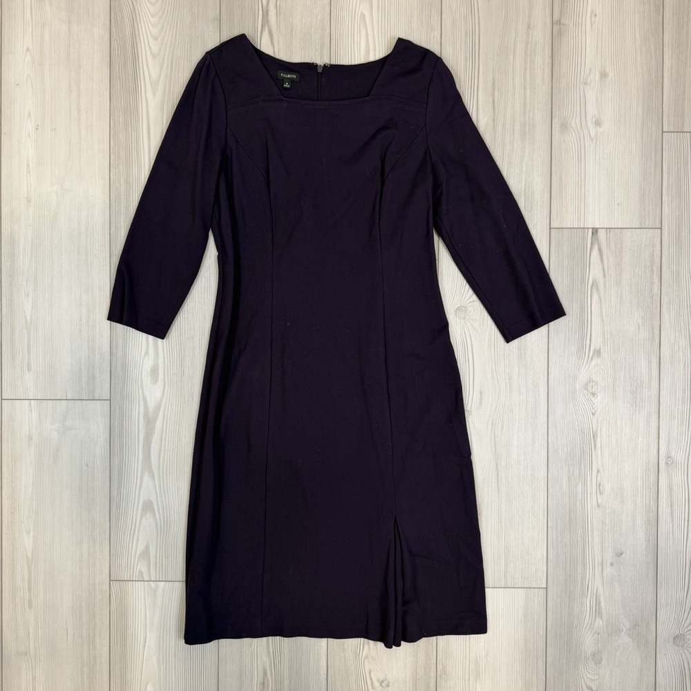 Talbots Women's 8 Purple Square Neck Dress Pleated Shift 3/4 Sleeve Career